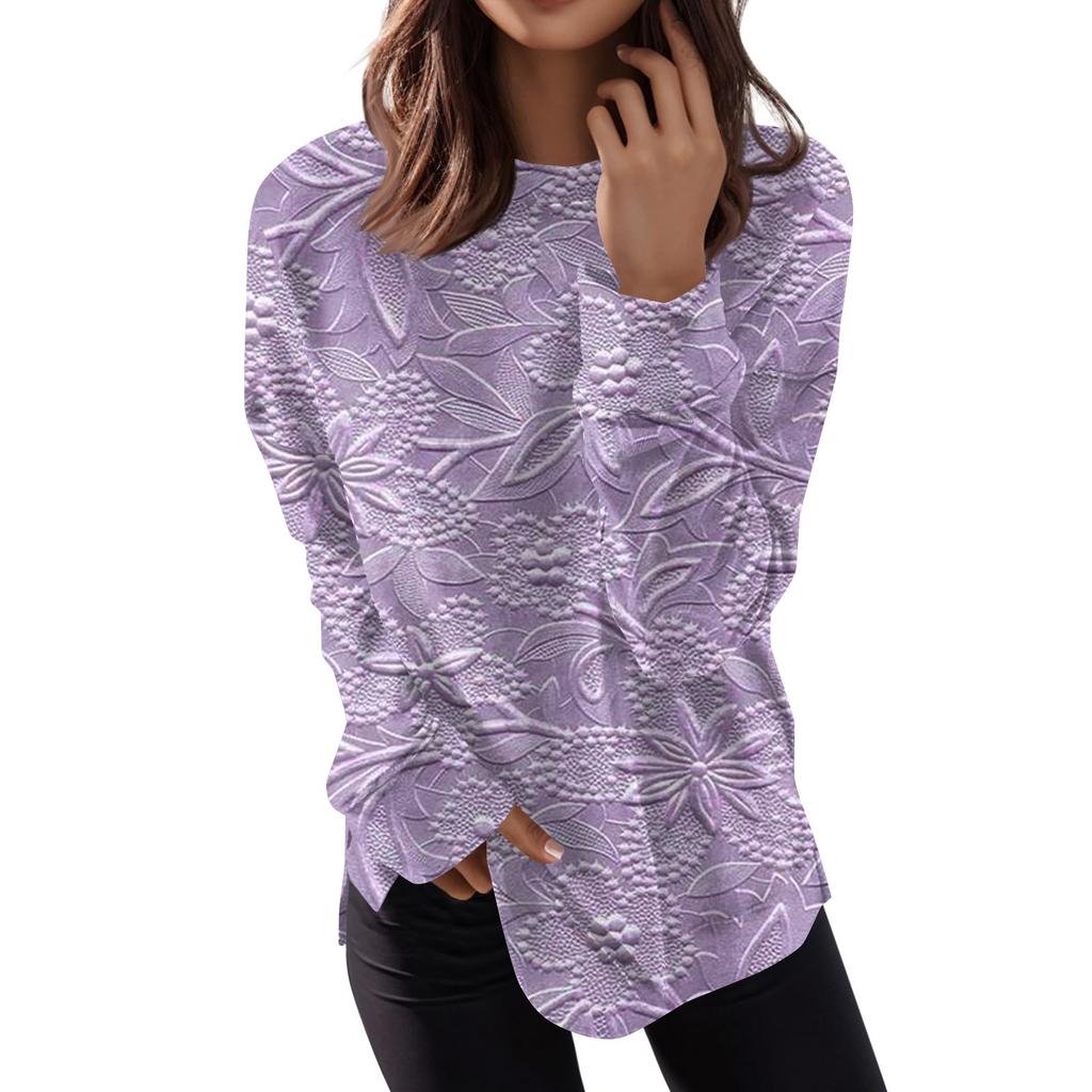 Women's Round Neck Tops Cotton Women's Casual Fashion Print  Long Sleeve O-Neck Pullover Top Blouse