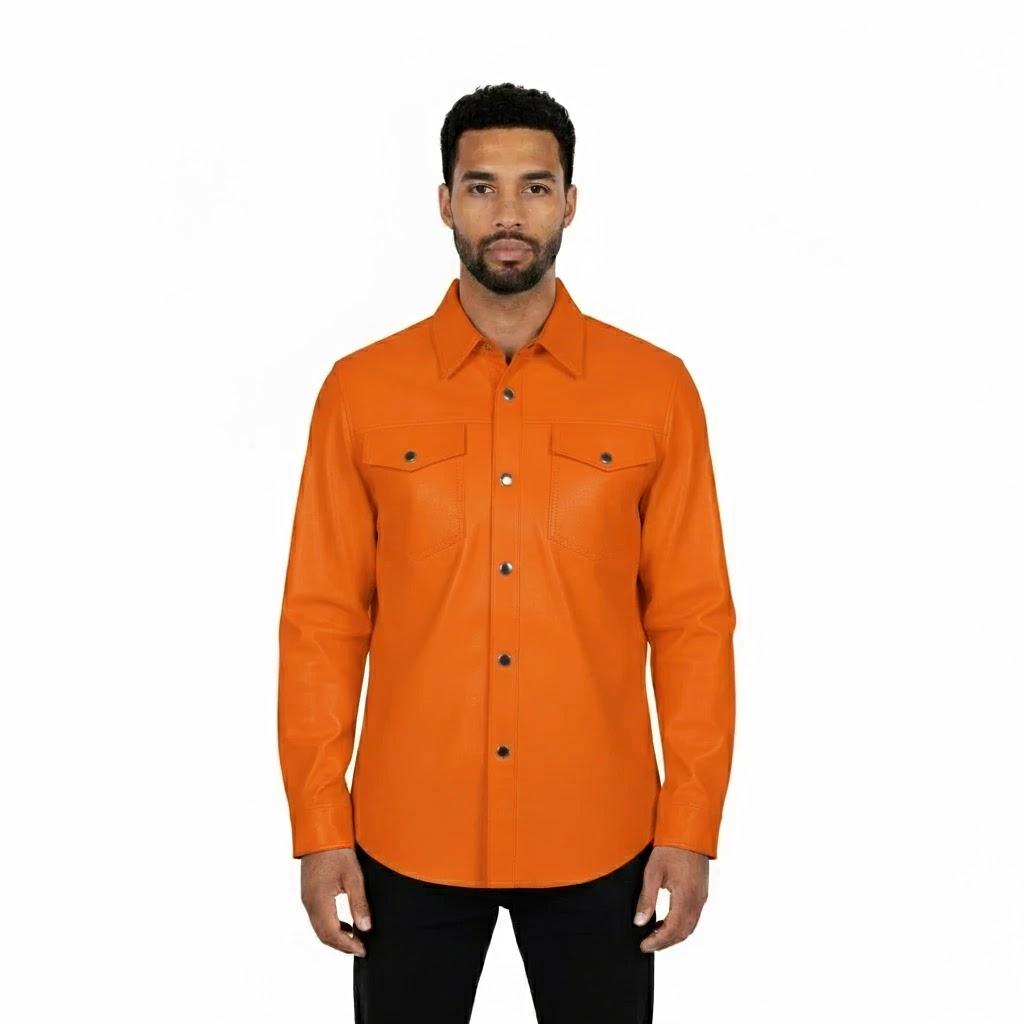 

Orange Stylish Casual Biker Leather Real Lambskin Formal Wear Men Shirt Handmade 3XL оранжевый
