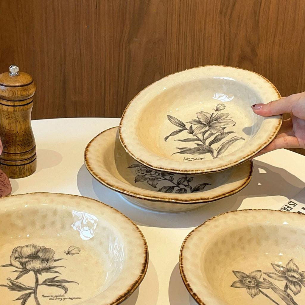 Japanese Straw Hat Plate Retro Floral Deep Pasta Dish Western Dinner Plate Creative Salad Dessert Plate