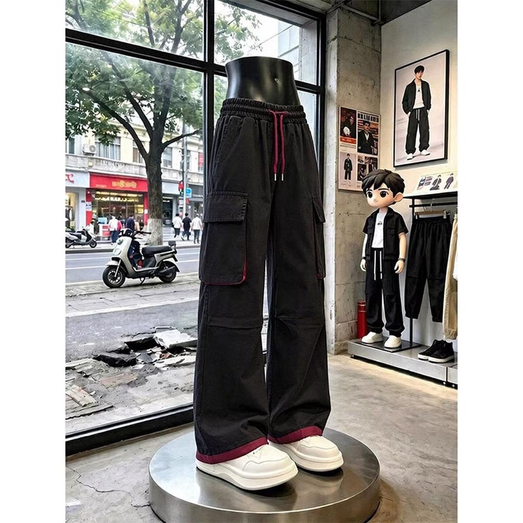 Splicing contrasting color multi-pocket design tooling casual pants men's trend high street loose wide-leg straight drawstring trousers
