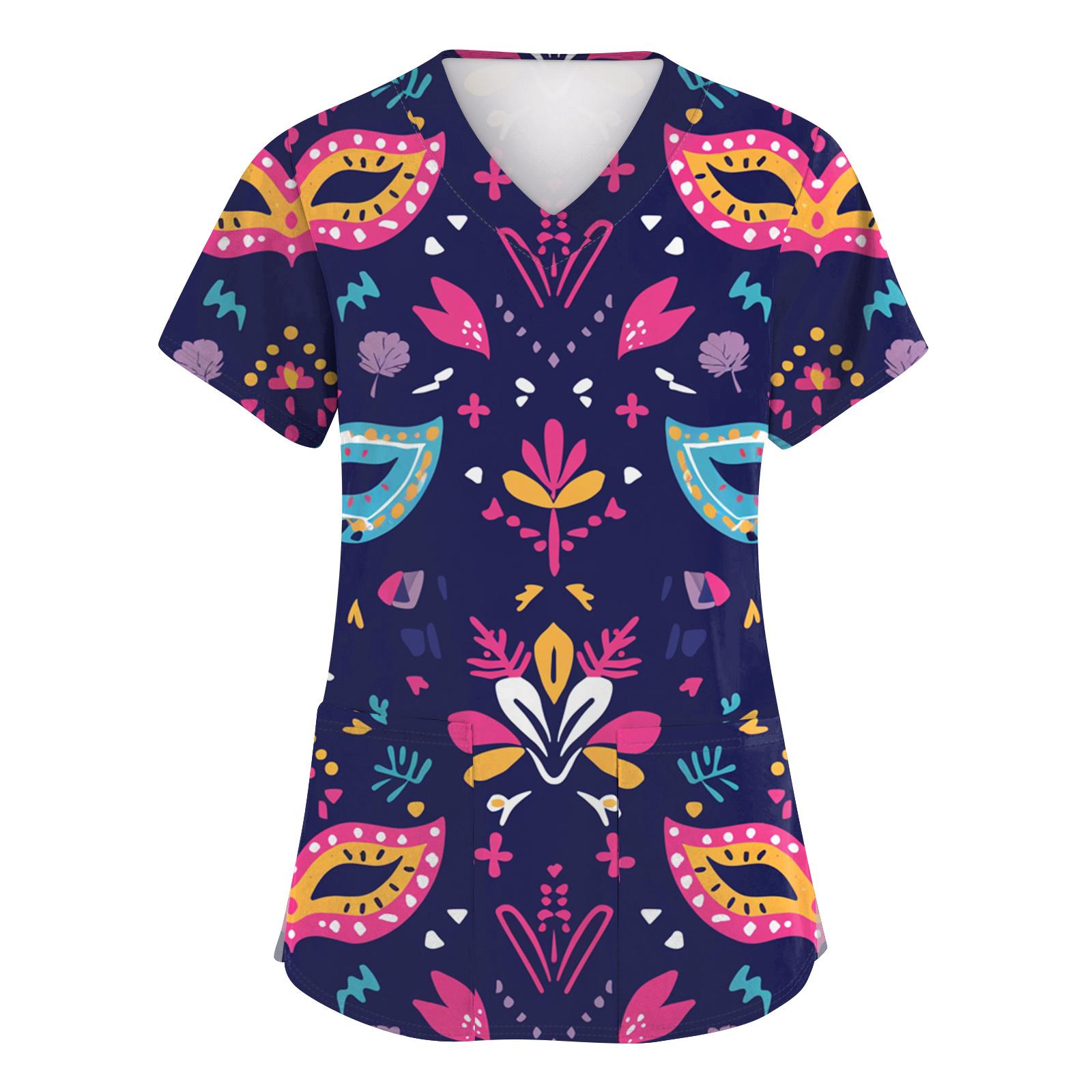 

Женская модная блузка с коротким рукавом, принтом карнавала, V-образным вырезом и карманом, рабочая M