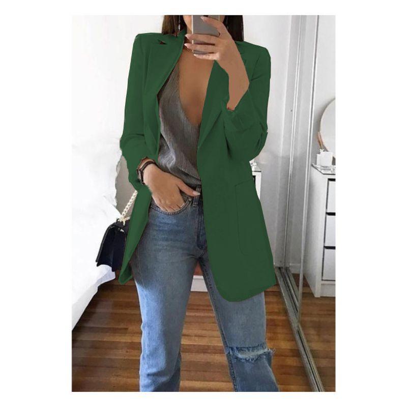 

Solid Color Lapel Long Sleeve Cardigan Top Pure Color Lapel Long Sleeve Top Dark green S
