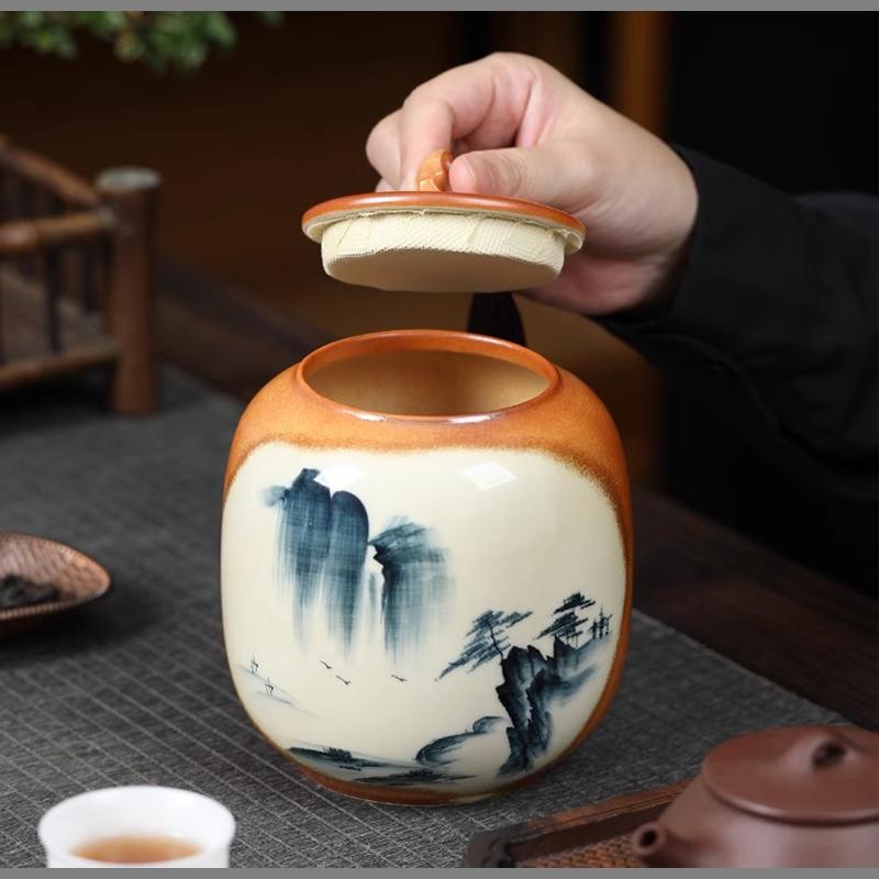 Chinese Ceramic Tea Caddy Vintage Sealed Candy Jar Household Moisture Proof Coffee Beans Nut Herb Storage Jar Kitchen Container