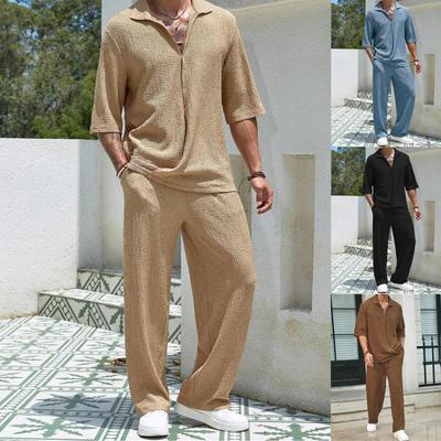 Terno de viajante casual, camisa, cor sólida, manga curta, calças compridas, conjunto masculino de duas peças, tamanho grande