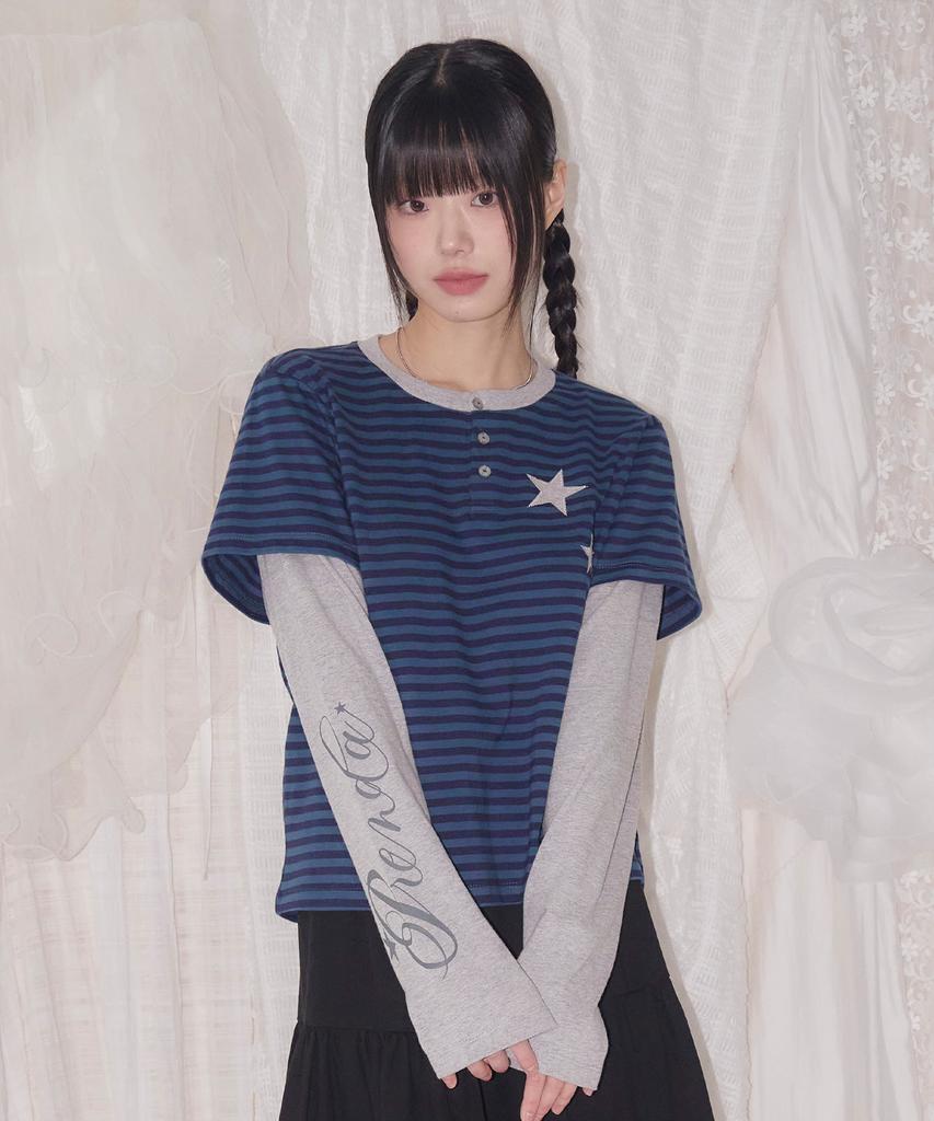 PRENDA Stripe Layered Henry Neck Long Sleeve Deep Blue