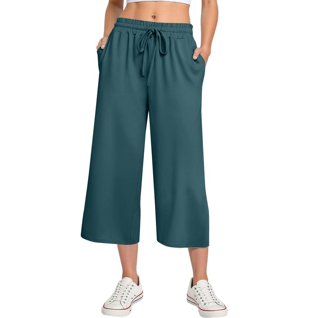 Pantaloni da donna a vita alta con nodo regolabile, fluidi in cotone e lino, gamba larga