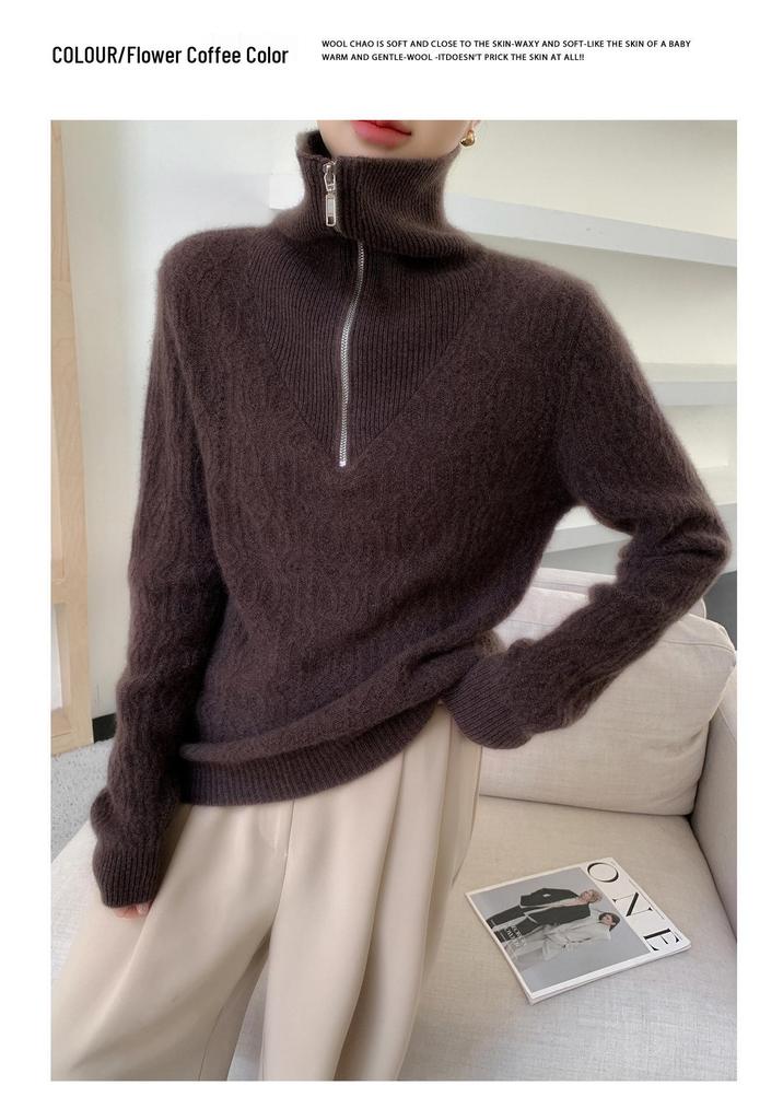 100% Wool Lapel Half-Zip Hollow Out Knitwear, Long Sleeve, Women's Thickened Base Layer for Autumn/Winter 2025