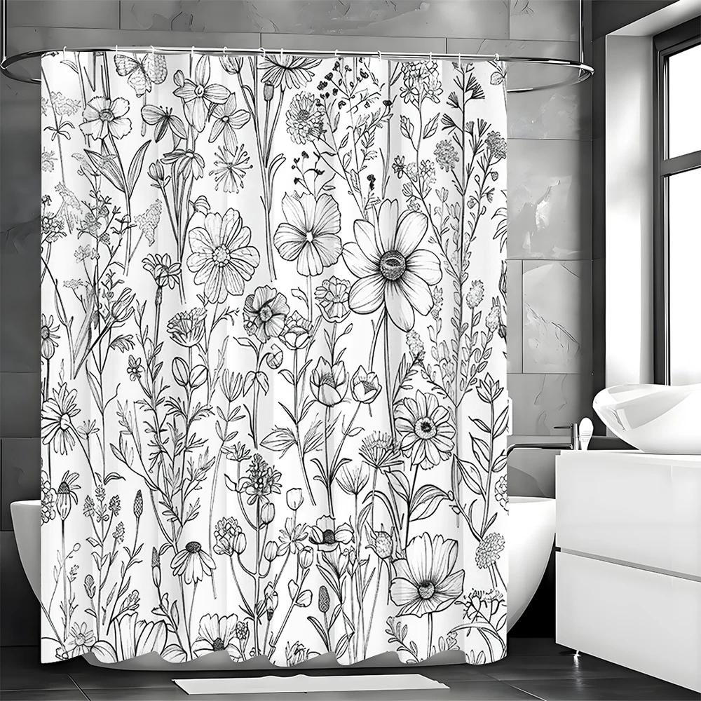 Black and White Floral Shower Curtain, Bathroom Decorative Shower Curtain, Waterproof Shower Curtain with Hooks