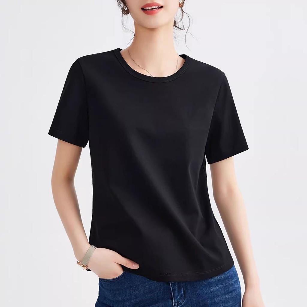 Women's Double-Sided Mercerized Cotton Slimming T-Shirt: Cool, Breathable, Plus Size, Regular Shoulder, Round Neck, Short Sleeve, Summer Wear.
