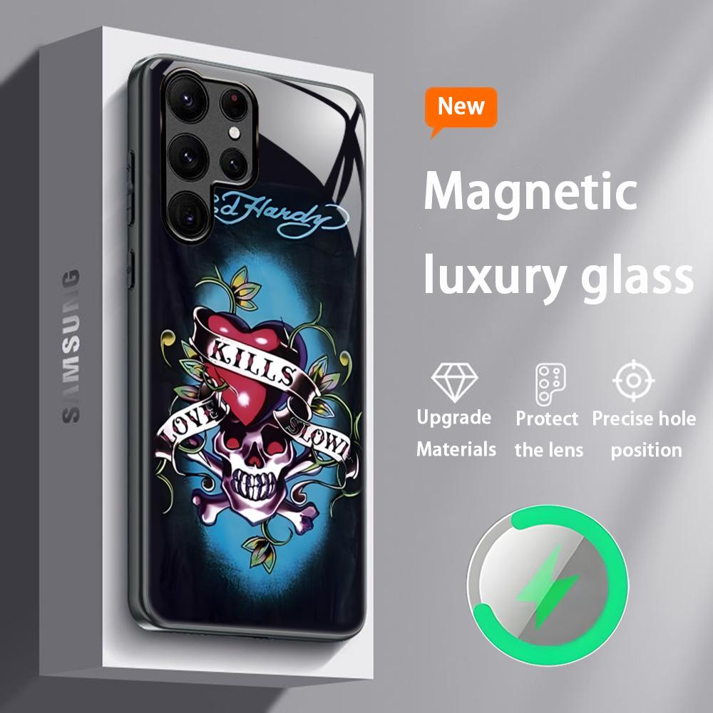 

Логотип Бренд ED-Hardy Чехол для телефона Samsung S25 S24 S23 S22 S21 S20 Plus Ultra Note20 Стеклянный Магнитный Чехол Samsung S25