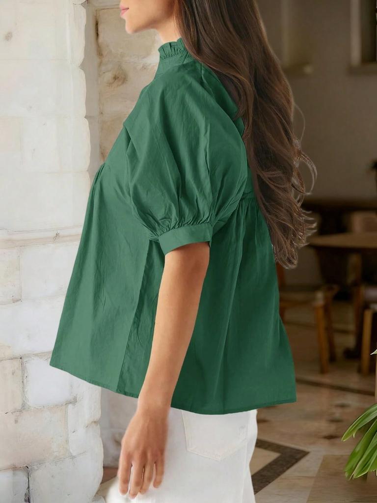 Women's Puff Sleeve V Neck Babydoll Blouse Peplum Pleated Loose Dressy Casual Top