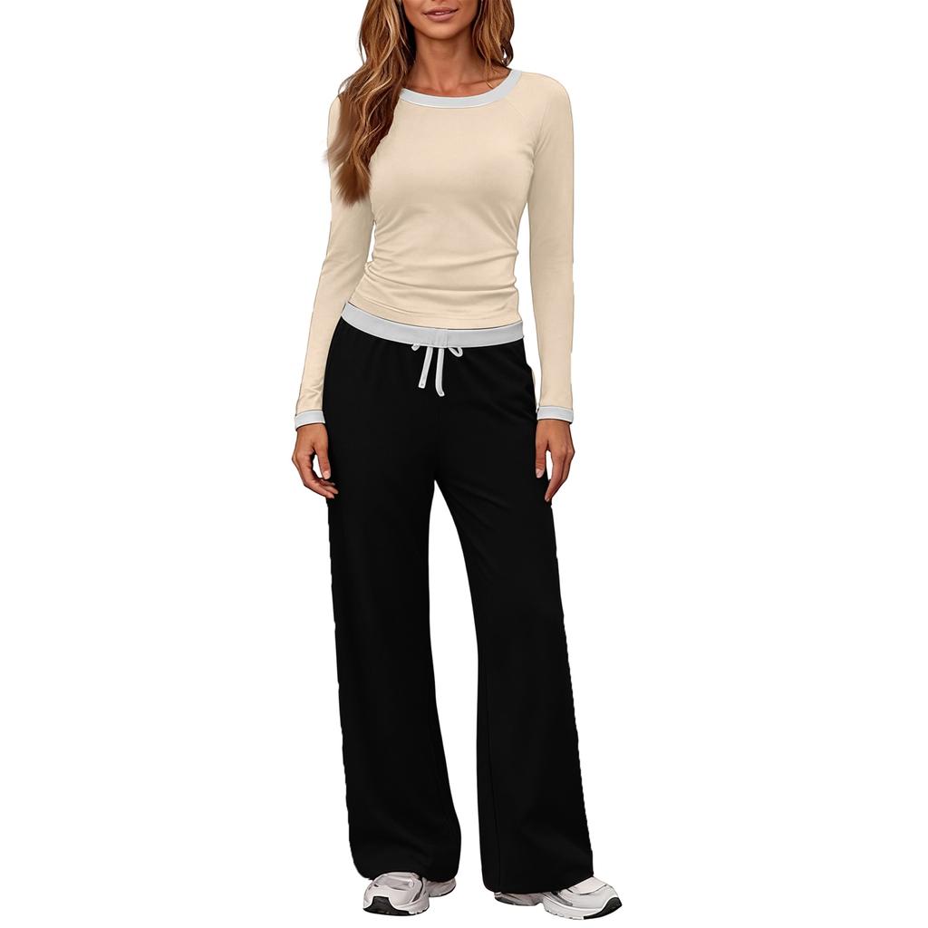 Women's Long-Sleeve Casual Sports Two-Piece Set With Loose Wide-Leg Pants