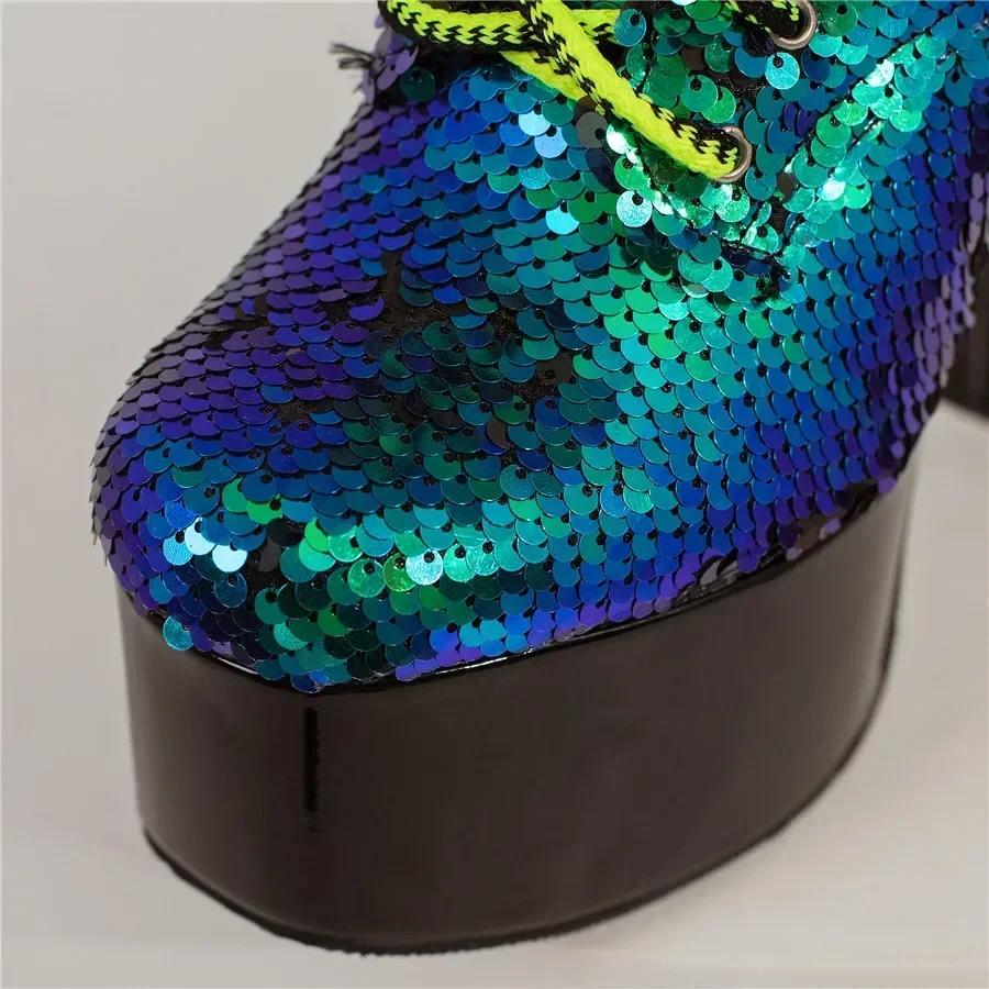 Gold Glittering Sequined Cloth Platform Ankle Boots Women High Heel Square Toe Winter Ladies Christmas Lace-up Green Short Boots