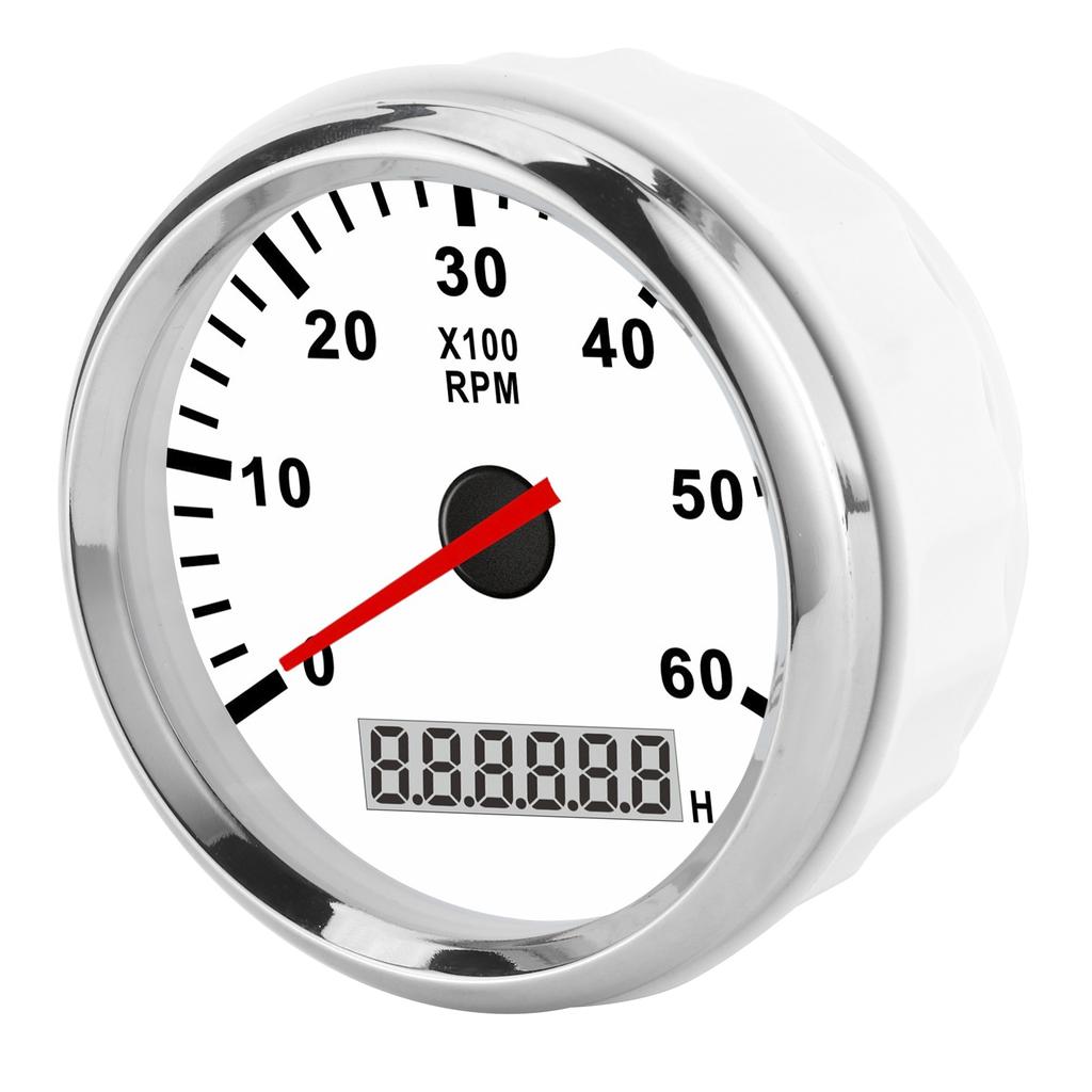 Tachometer Gauge 6000RAM Red Backlight LCD Display 85mm Waterproof 12 24V for Car Boat YachtWhite Dial Silver Frame