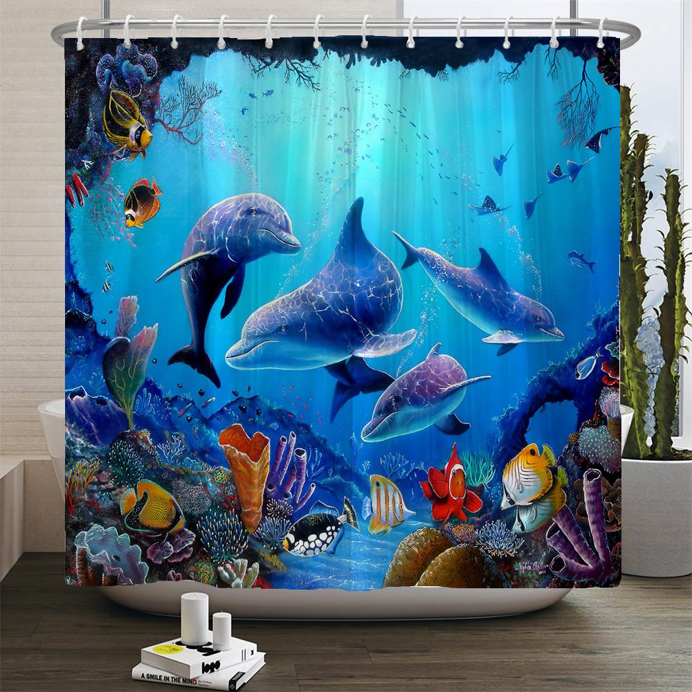 Ocean Underwater World Turtle Dolphin 3D Printing Shower Curtain Bathroom Curtain Waterproof Polyester Bath Curtains with Hooks