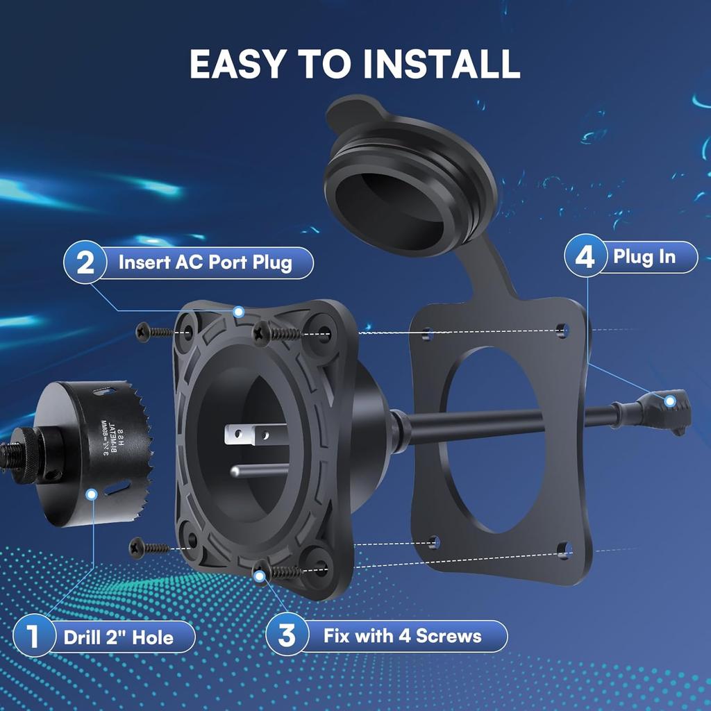 1 Pack 15 Amp RV Shore Power Inlet Socket,125V AC Port RV Plug Receptacles 18" NEMA 5-15 Integrated Extension Cord Waterproof Outlet Electrical