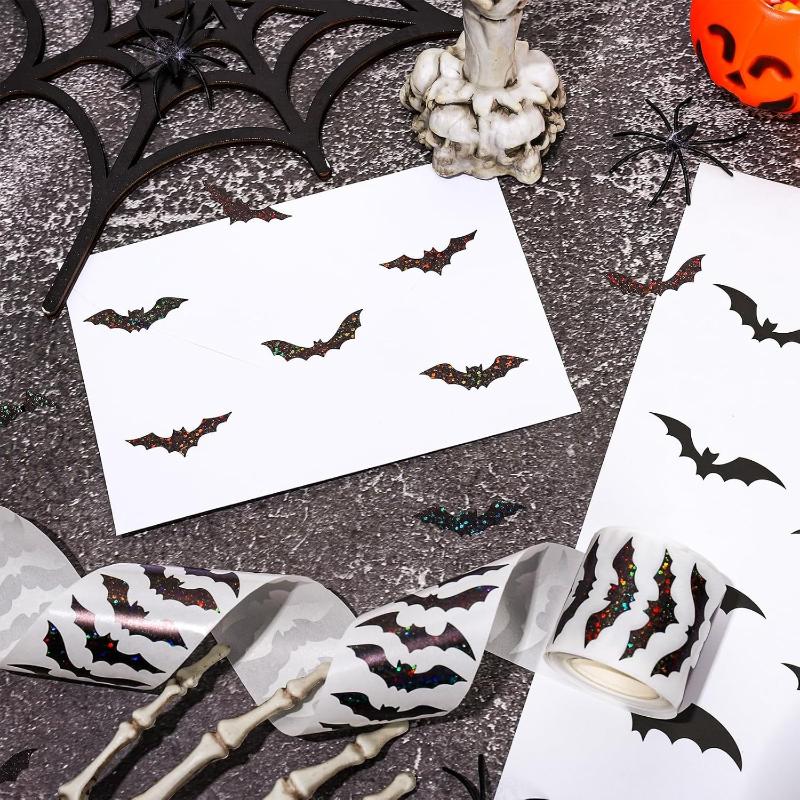 500 Stück/Rolle Laser Schwarz Fledermaus Wasserdicht Glitzer Selbstklebende Aufkleber Halloween Fledermaus Aufkleber Für Party Scrap DIY Zubehör