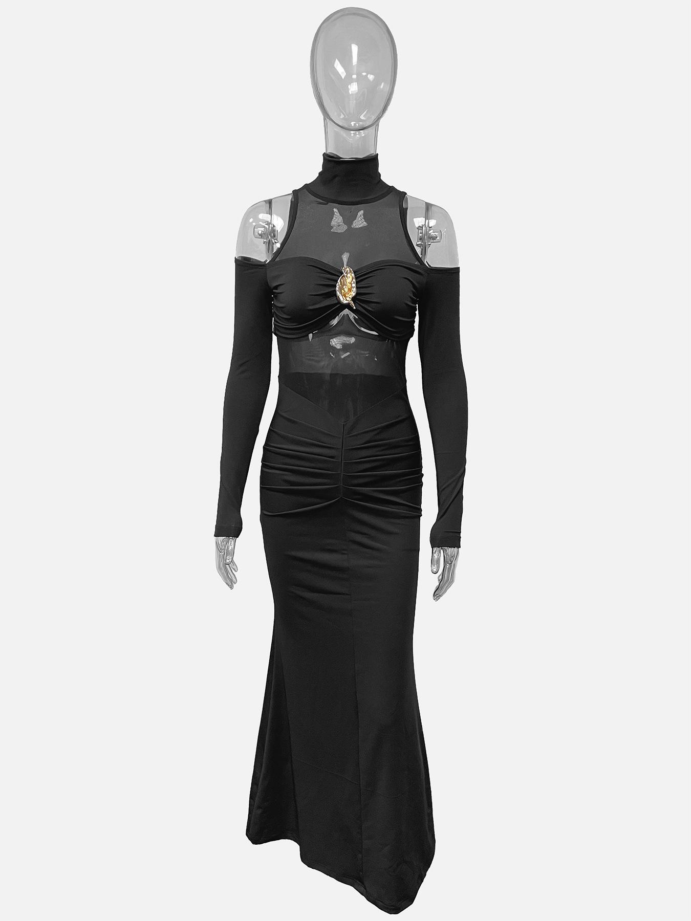 

Autumn Women s Fashion Solid Color Mesh Splicing Pleated Long Sleeve Dress Large чёрный
