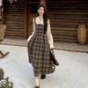 Women's Plus Size Plaid Patchwork Lace-Up A-Line Dress with Waist-Cinched Skirt