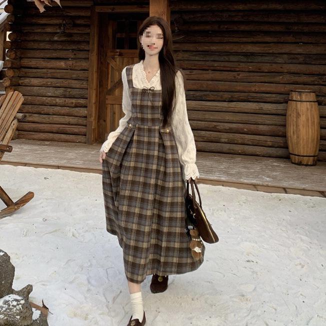 Women's Plus Size Plaid Patchwork Lace-Up A-Line Dress with Waist-Cinched Skirt