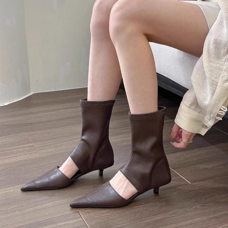 Sharp Pointed Women's Single Lace Heel Hollow Low Heel Boots Women's Elastic Short Boots Autumn Fashion High Heels