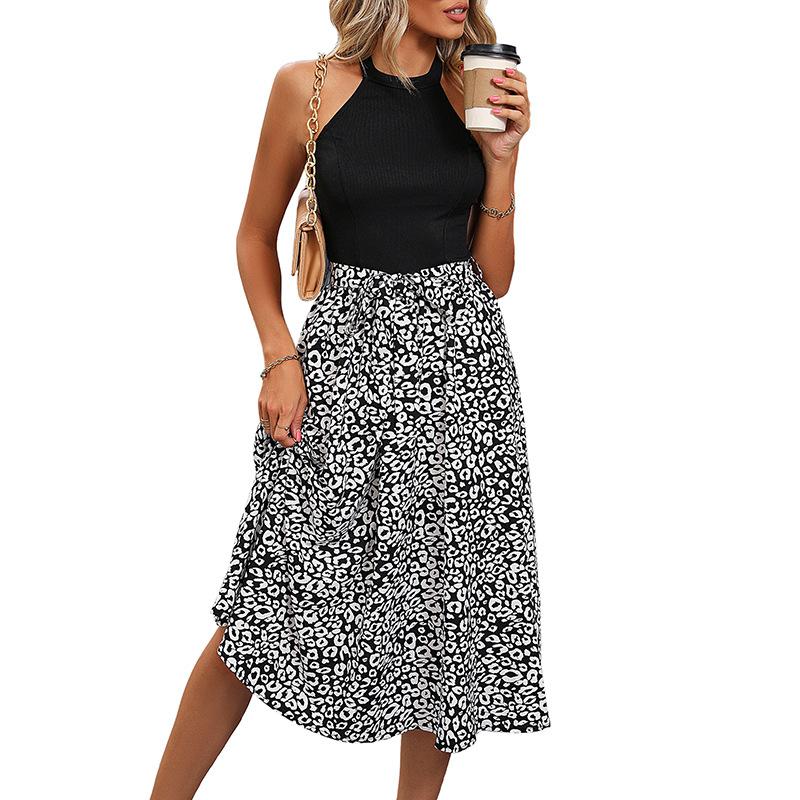 2025 new neck skirt simple and fashionable sleeveless black and white printing color matching dress