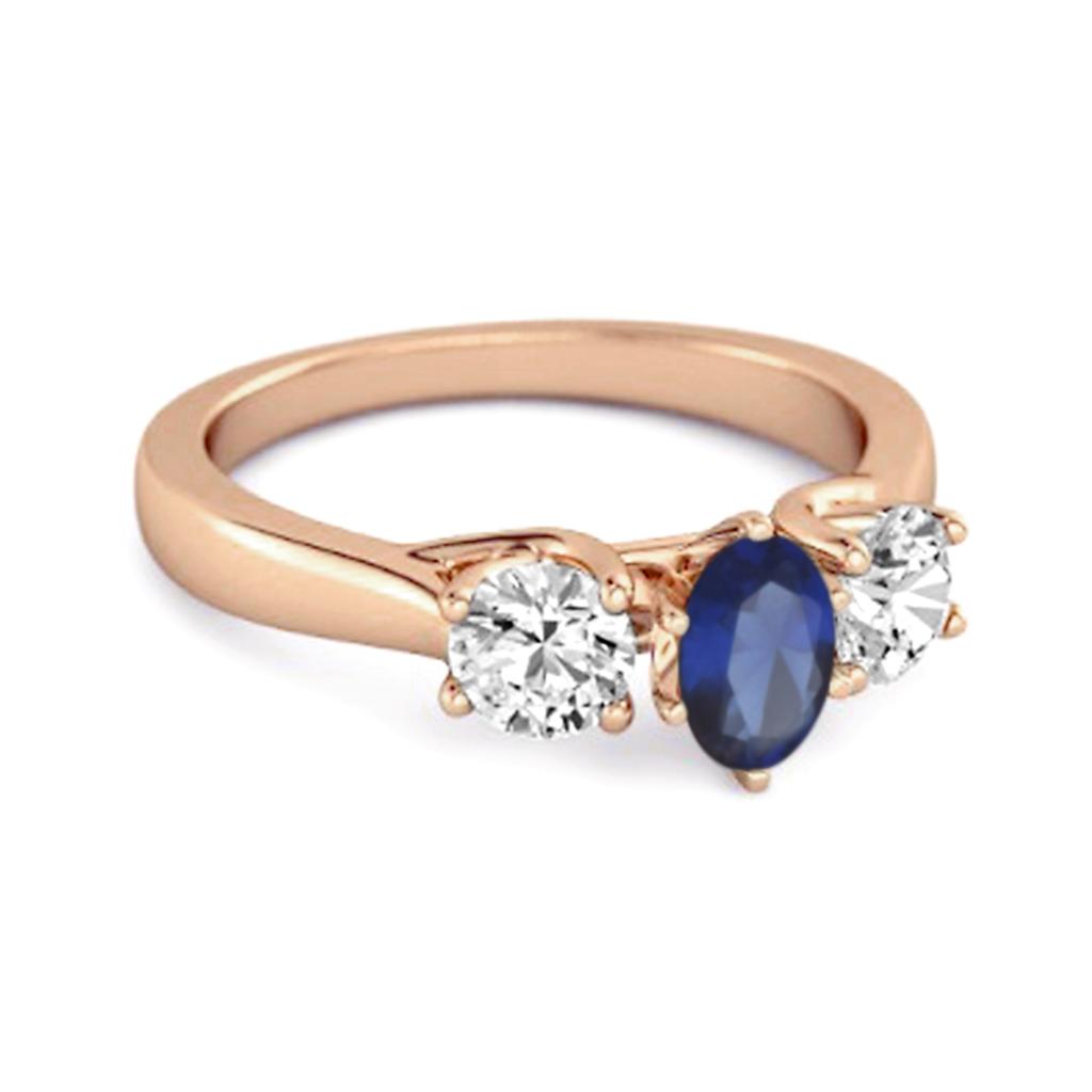 Three Stone Natural Blue Sapphire 925 Sterling Silver Rose Gold Vermeil Engagement Ring