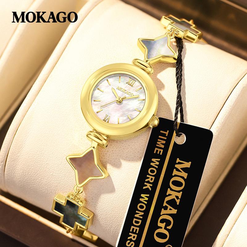 MOKAGO Alloy Fashion Mother-of-Pearl Women s Quartz Wristwatch with Copper Chain- Elegant & Versatile Design