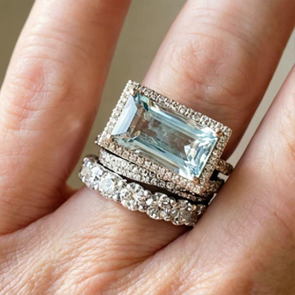European Style Stackable Ring Set Large Rectangular Stone Jewelry Gift  Wedding Occasion