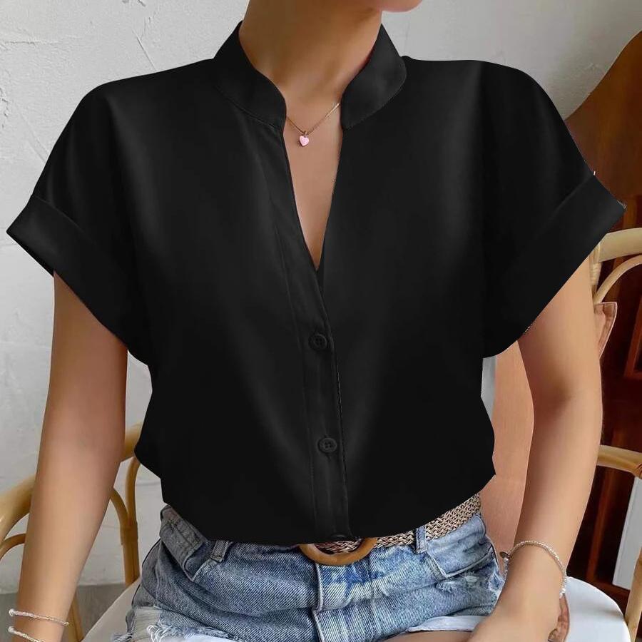 YYFS Women's Fashion Casual Summer Solid Color Print Short Sleeve V-Neck Blouses & Shirts