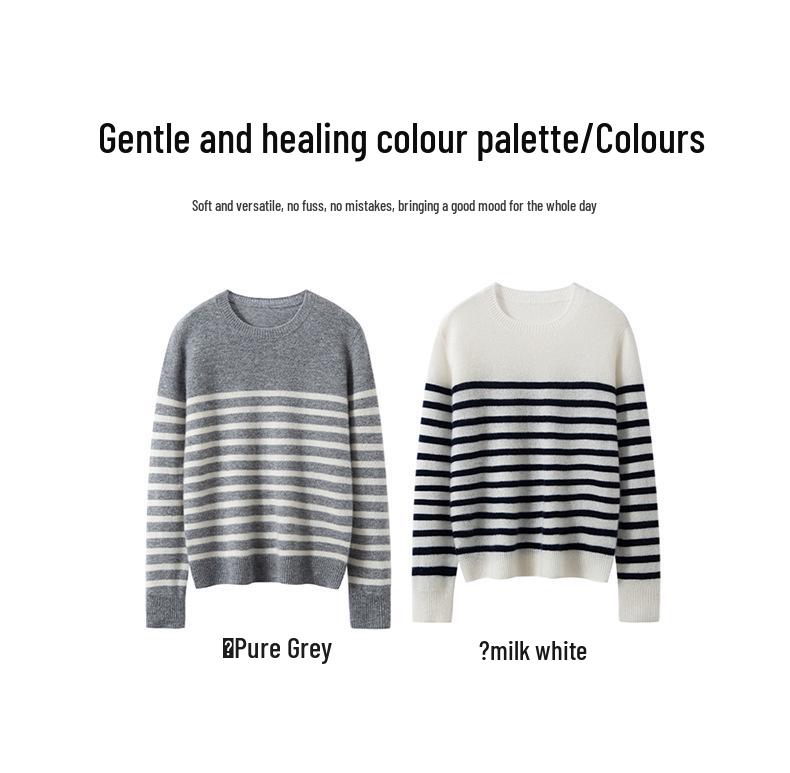 Round Neck Cashmere Knit Sweater for Women - Long Sleeve, Color Block Stripes, Versatile Autumn/Winter Base Layer Top