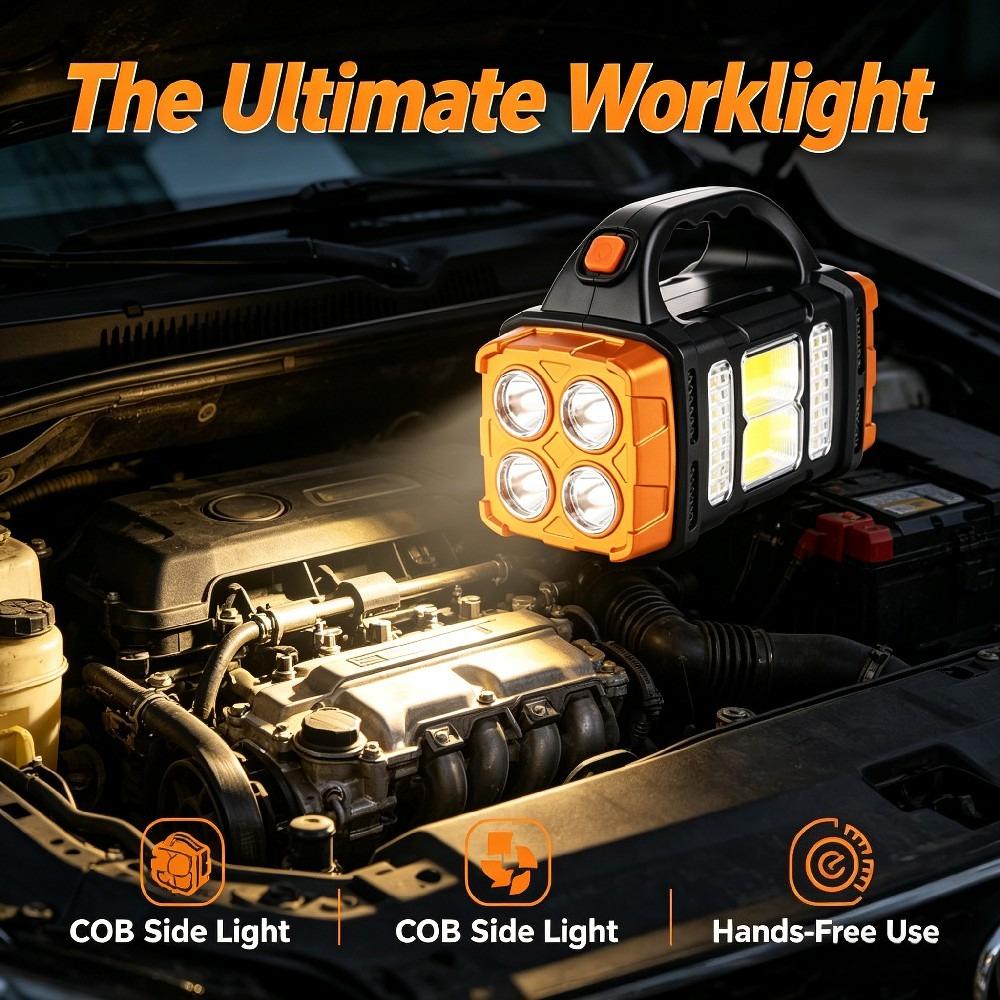 Tragbare Solar-Taschenlampe, USB-wiederaufladbar, 4 Gänge, Dual-Quelle LED COB Arbeitslicht, Handy-Ladegerät, Camping-Notfallleuchte