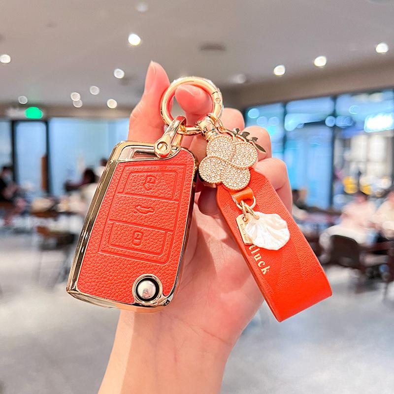 Tpu Genuine Leather Auto Key Fob Cover Smart Case Housing Mount Chain Remote Fit For Vw Volkswagen T-Roc Golf 7 Polo Tiguan T-Cross Jetta Eos Beetle