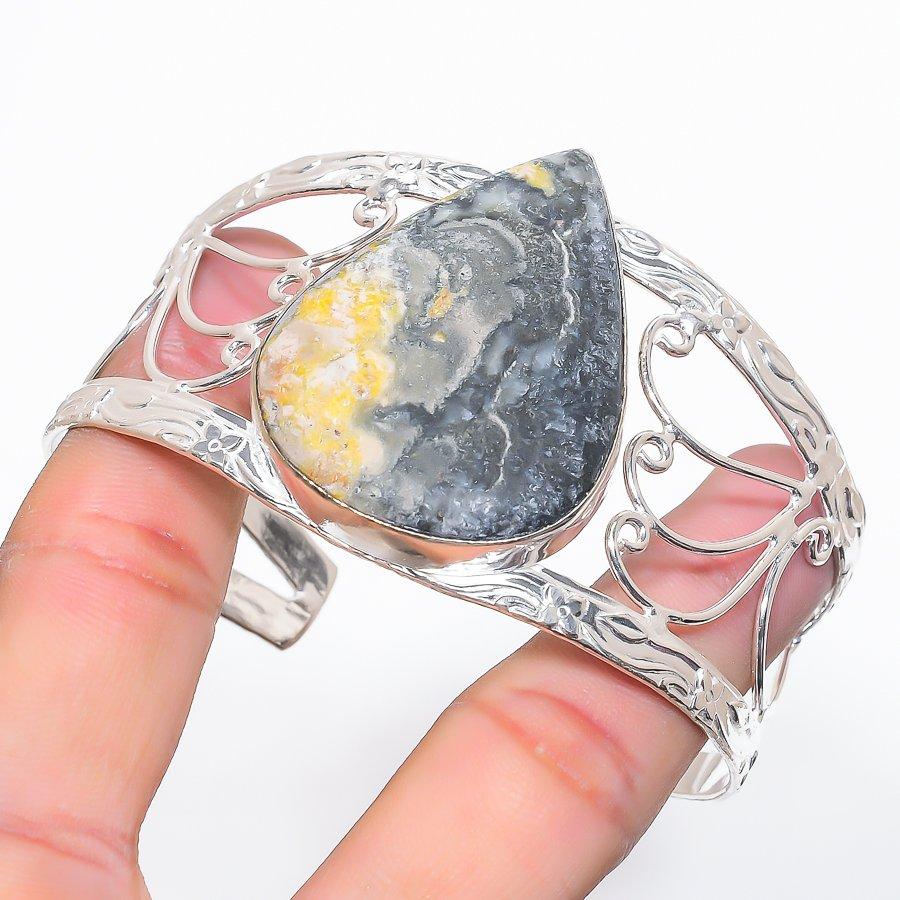 

Natural Bumble Bee Jasper Gemstone 925 Sterling Silver Cuff Bangle Adj h5D96