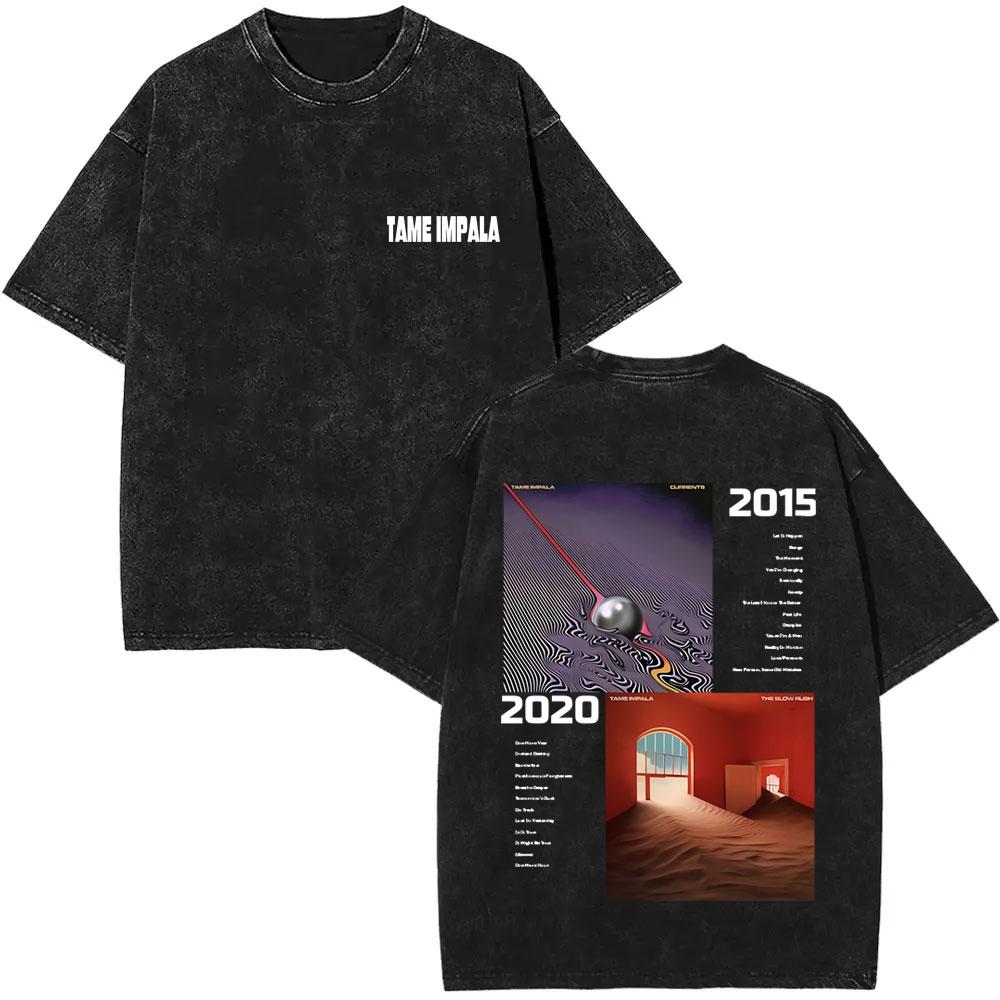 VintageWashed  Pop Rock Band Tame Impala Currents Graphic Print T Shirts Men Women Casual Cotton Oversized Short Sleeve Tshirt