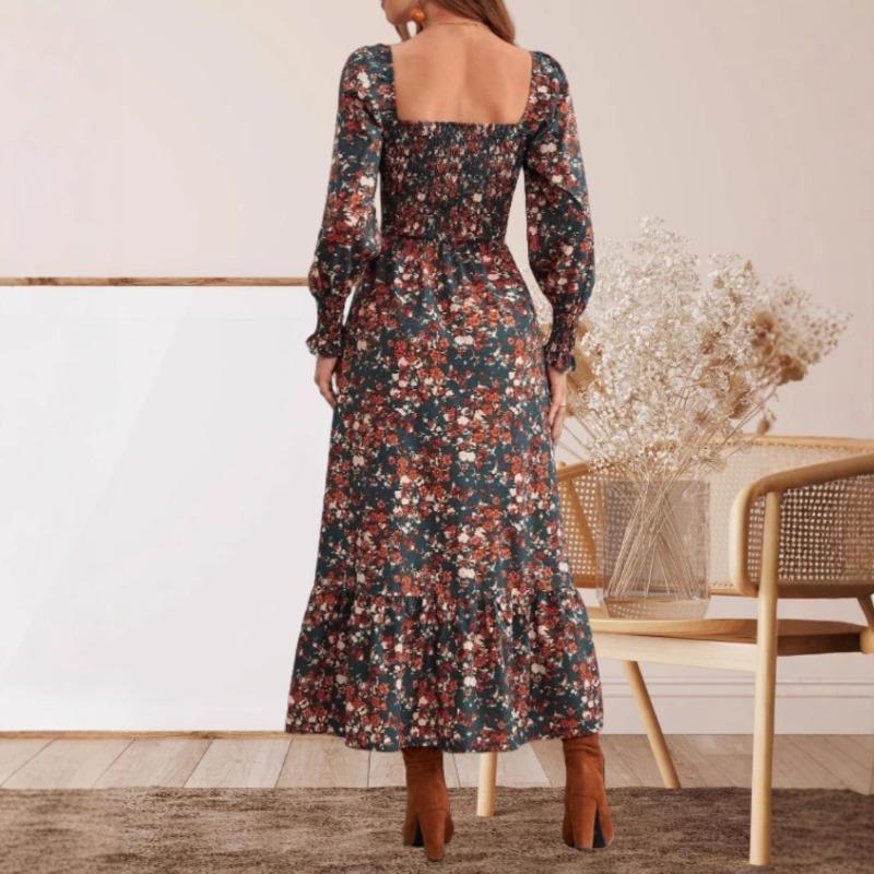 Women's Fashion Print One-line Collar Long-sleeved Dress