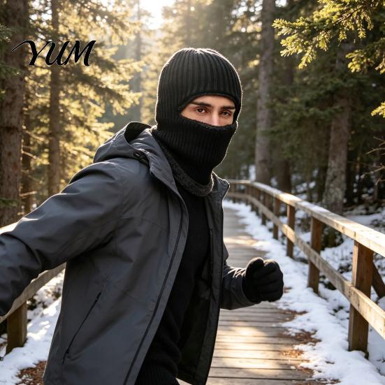 Men Knit Hat Hooded Scarf Hat, Warm Balaclava Hood for Winter Cold Solid Color Weather, Windproof Neck Warmer Skull Cap Outdoor Cycling Weather