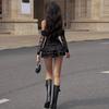 American Style Sexy Mesh Patchwork off-Shoulder Long Sleeves Tops Female Autumn + Black Low Waist Sexy Cake Dress Suit