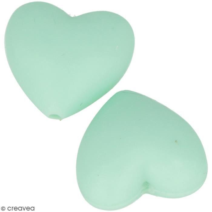 Lot de perles coeur en silicone - 29 x 19 x 12 mm - Vert d'Eau - 2 pcs