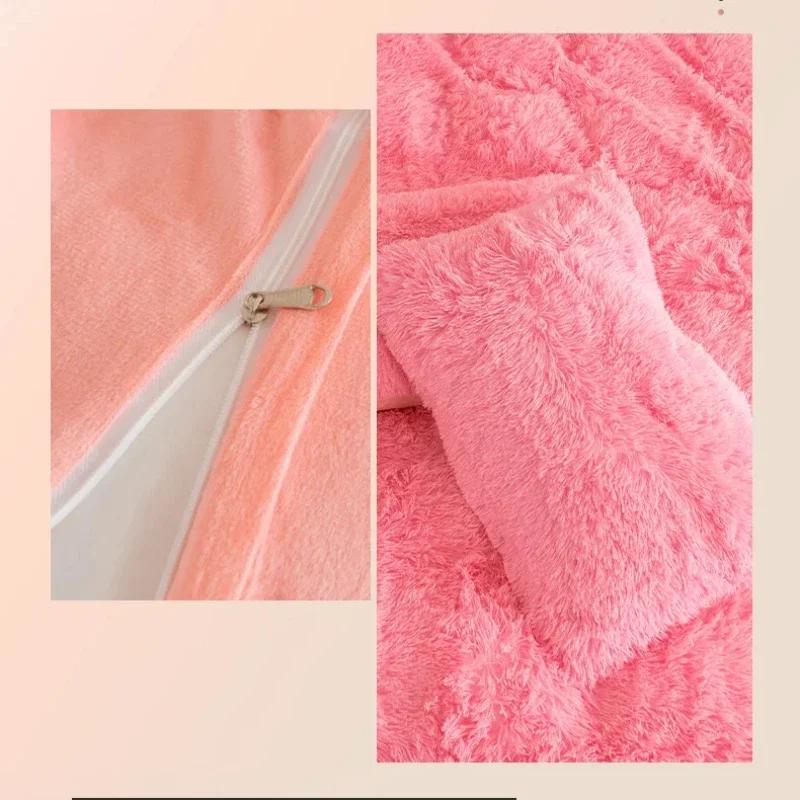 3/4PCS Winter Warm Plush Duvet Cover Pink Mink Velve+fluffy Flannel Quilt Cover Queen King Size Luxury Double Bed Bedding Set