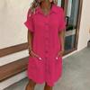 Summer casual solid color shirt breasted medium and long short-sleeved loose dress women's clothing