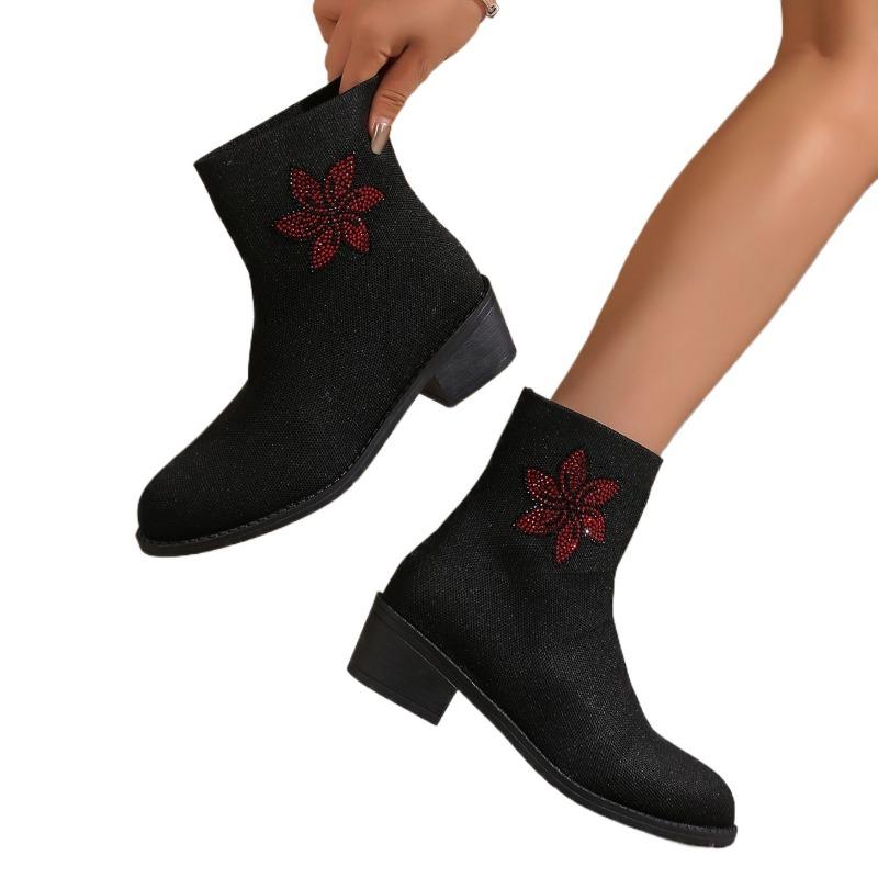 Poloviční podpatek Kulatá špička Čtvercový podpatek Moderní kotníkové boty Jaro/podzim Dámská obuv ve výprodeji 2024 Nové Jednobarevné Květinové Dámské boty