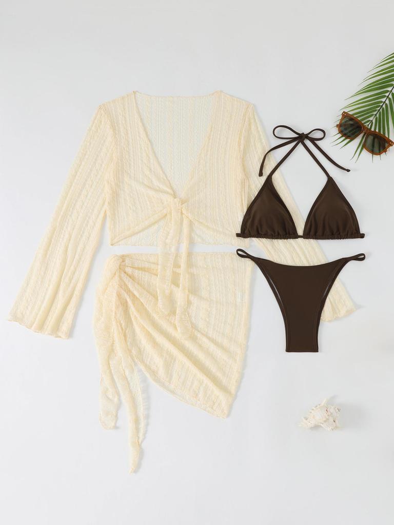 European Style Women's Long Sleeve Lace Cardigan Split Bikini Four-Piece Swimsuit 2026