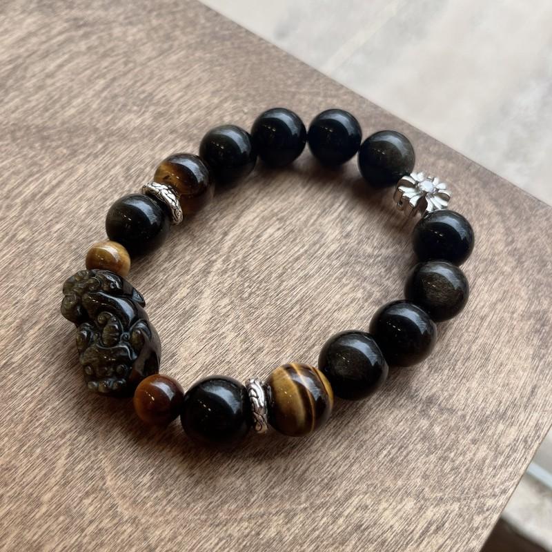 Natural Obsidian Pixiu Bracelet With Tiger Eye Beads Handmade Boho Chic Unisex Jewelry Daily Wear
