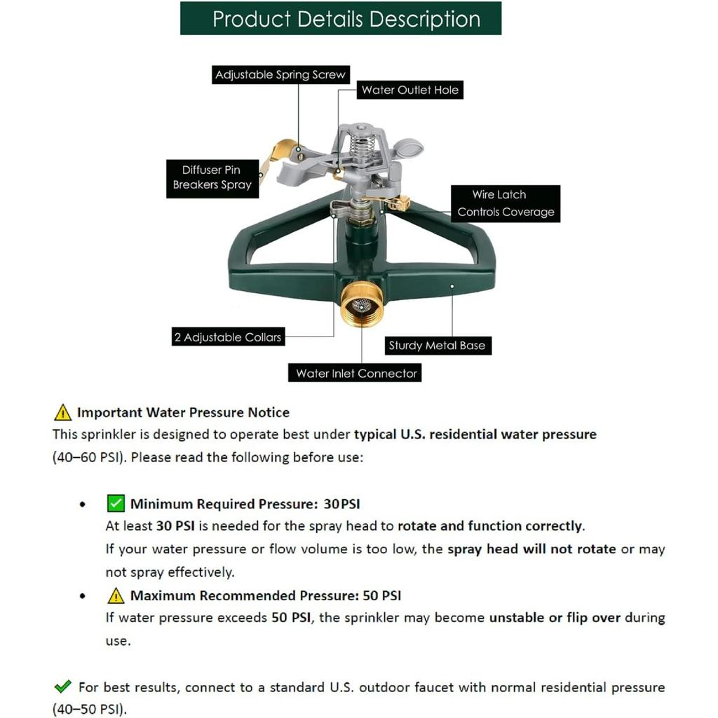 WEMADE Irrigatore Oscillante Automatico in Metallo Robusto per Giardino - Irrigatore Automatico Rotante a 360 Gradi per Prato con Base in Metallo