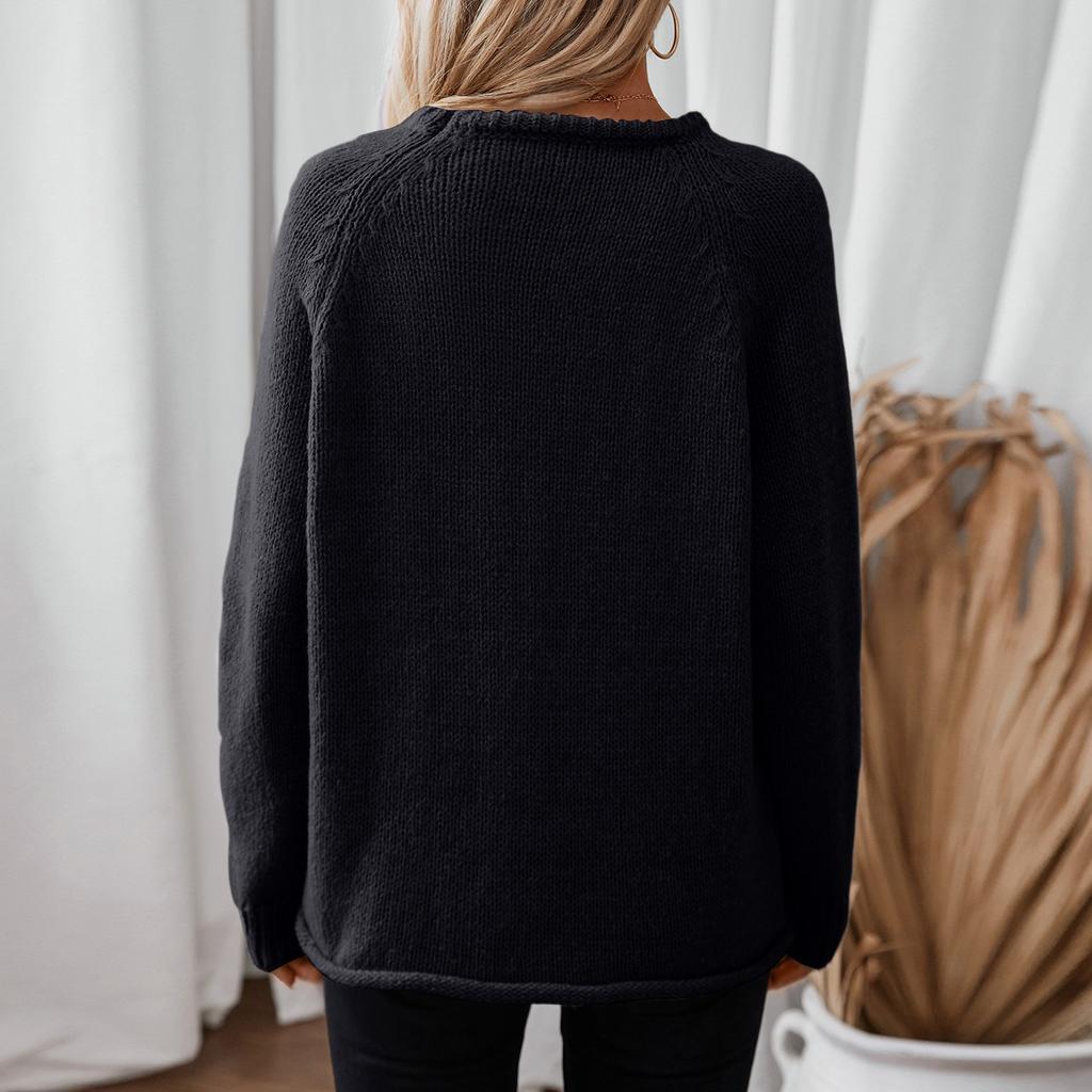 Women's Fashion Casual Round Neck Solid Color Rolled Hem Pullover Long Sleeve Loose Sweater