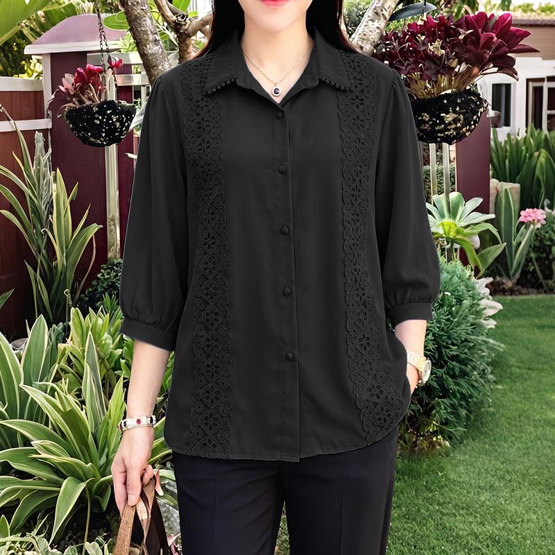 ZANZEA Women Casual Turn Down Collar 3/4 Sleeve Lace Splice Blouse