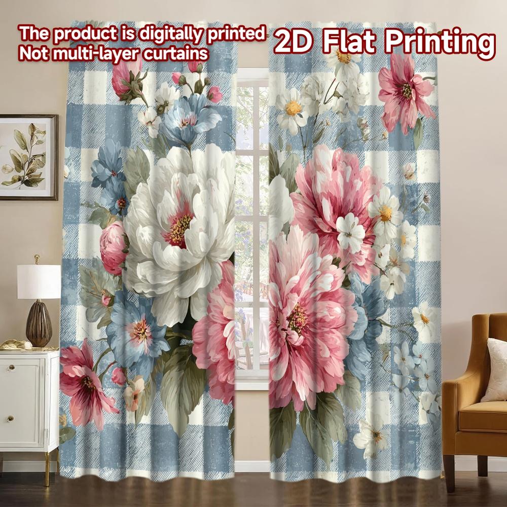

2D FLAT PRINTING 2pcs Curtains (Without Rod) Floral Checkered Design Contemporary Popular Curtains Polyester Easy Install 100*130 Rod Pocket 1pcs