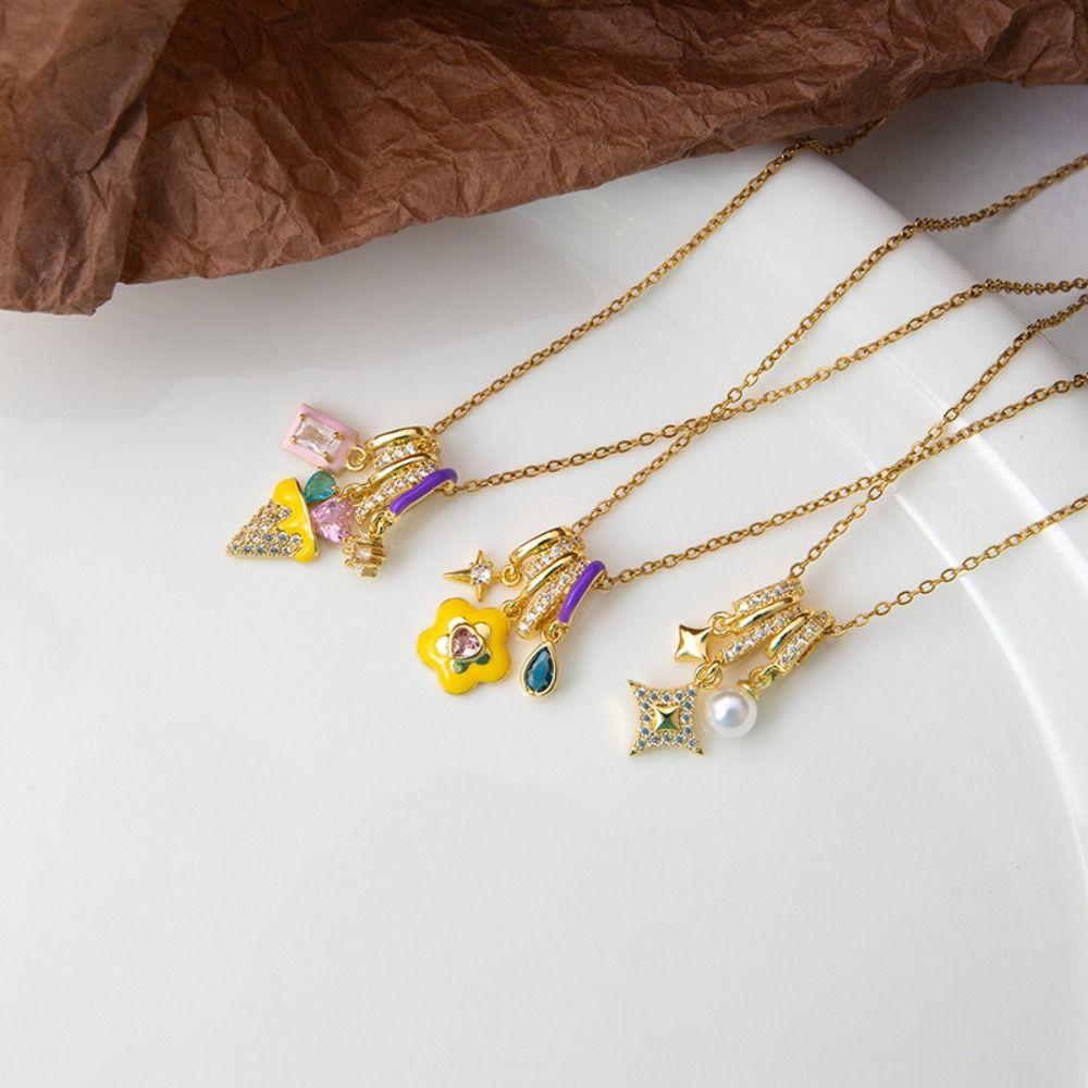 Colorful Ice Cream Necklace Simple Elegant Enamel Pendant Flower Zircon Necklace Valentine's Day