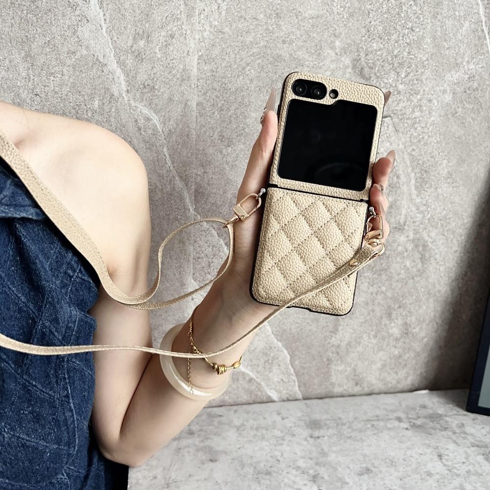 Custodia per telefono in pelle PU con motivo a griglia 3D alla moda per Samsung Galaxy Z Flip 7 6 5 4 Flip6 7FE con tracolla lunga a tracolla